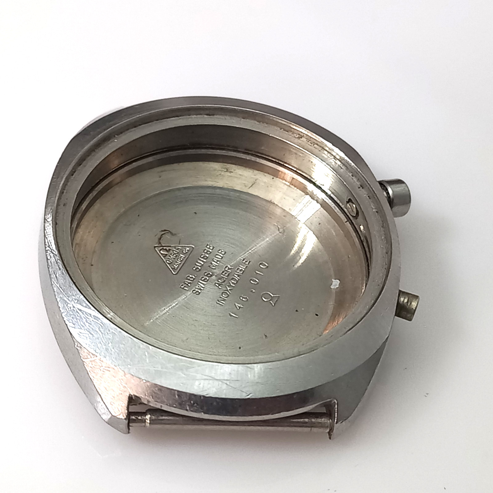 FOR PARTS OMEGA GENEVE CHRONOSTOP 146.010 UNPOLISHED S. STEEL CASE ( CASE ONLY )