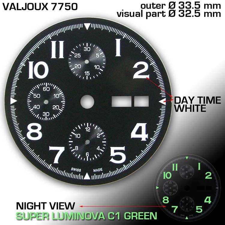 DIAL FOR MOVEMENT ETA VALJOUX 7750, Ø 33.5 mm, DAY/DATE, BLACK