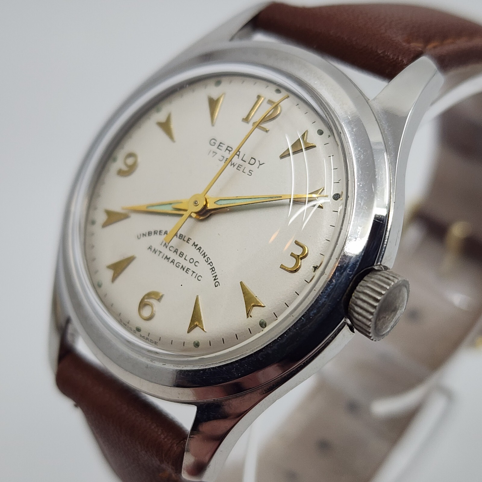 1950’S Geraldy 17 Jewels Cal. AS 1187 Manual Wind Steel Recent Service New Xtal