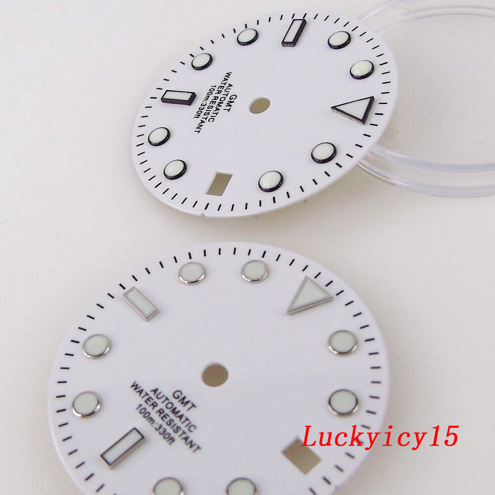 29MM Green Luminous White Watch Dial Fit NH34 NH34A GMT Automatic Mens watch