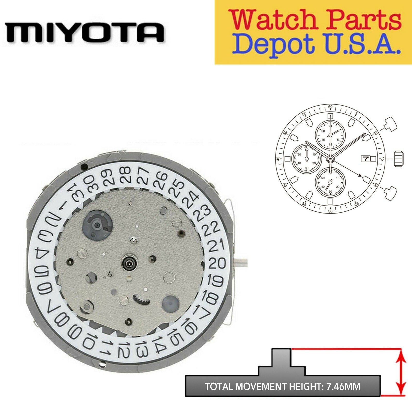 Original Miyota FS17, 10 1/2 Ligne, 4 Hands, Date at 3, Japanese Quartz Movement