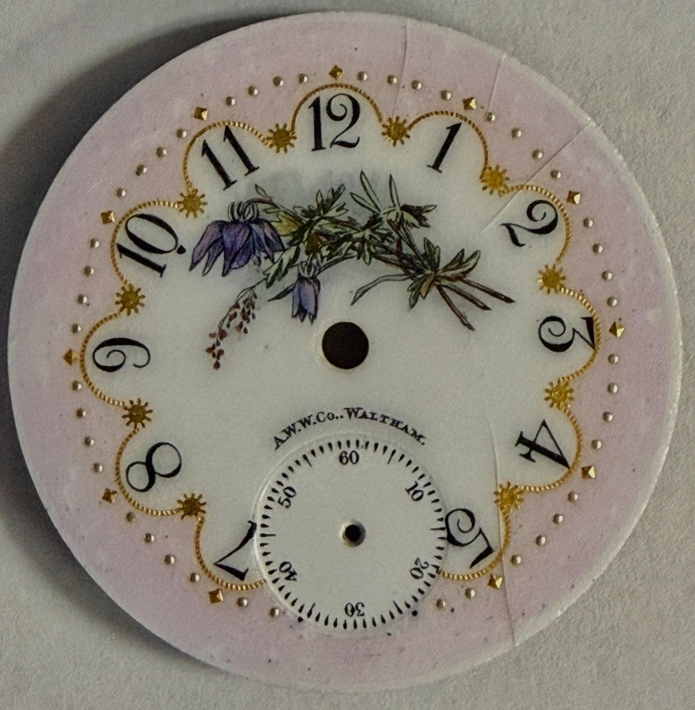 ANTIQUE WALTHAM 18 SIZE MULTI-COLORED PORCELAIN ENAMELED POCKET WATCH DIAL