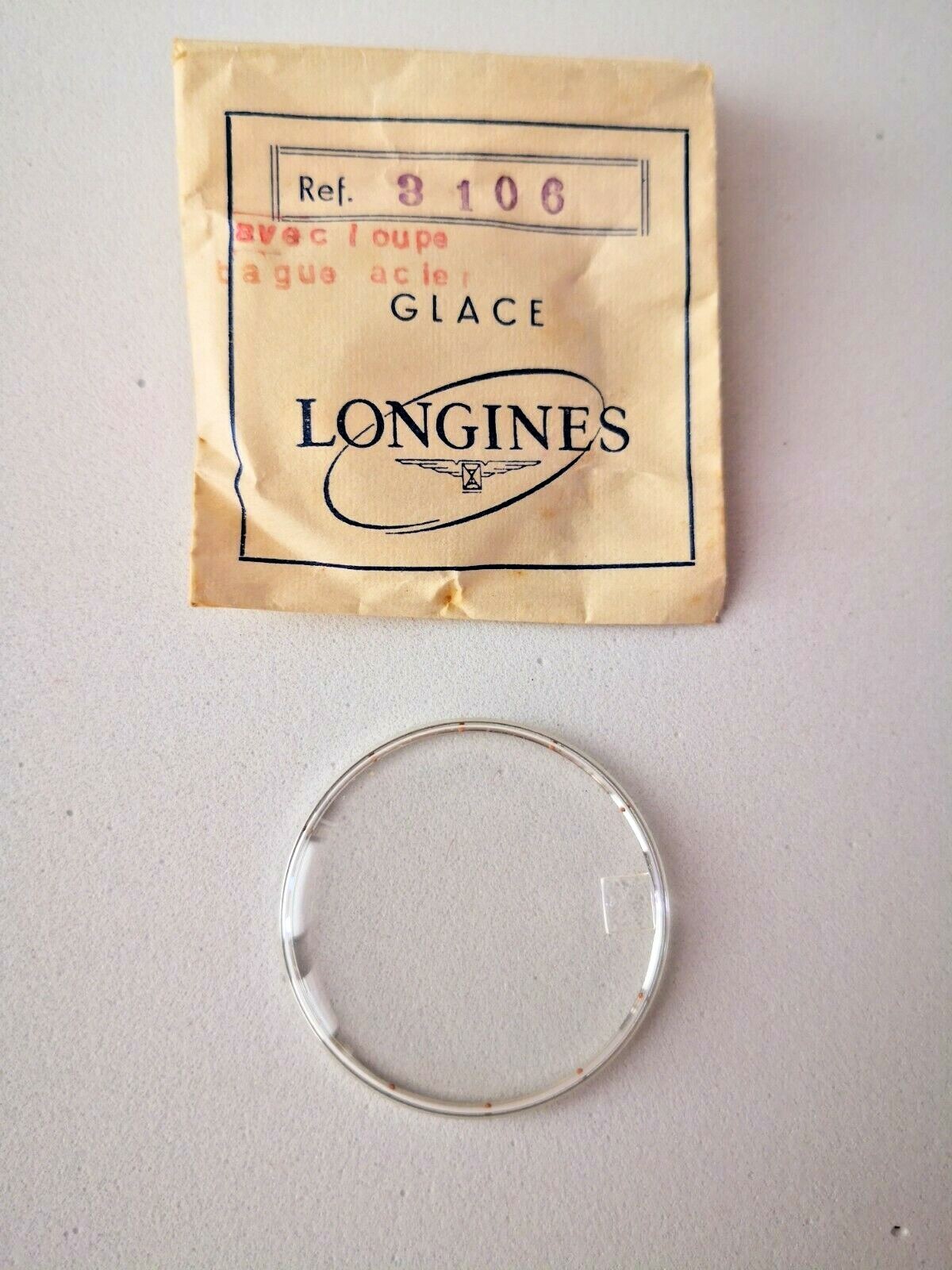 Original vintage glass NOS LONGINES ref 3106 RINGS RED INDEX + MAGNIFYING GLASS
