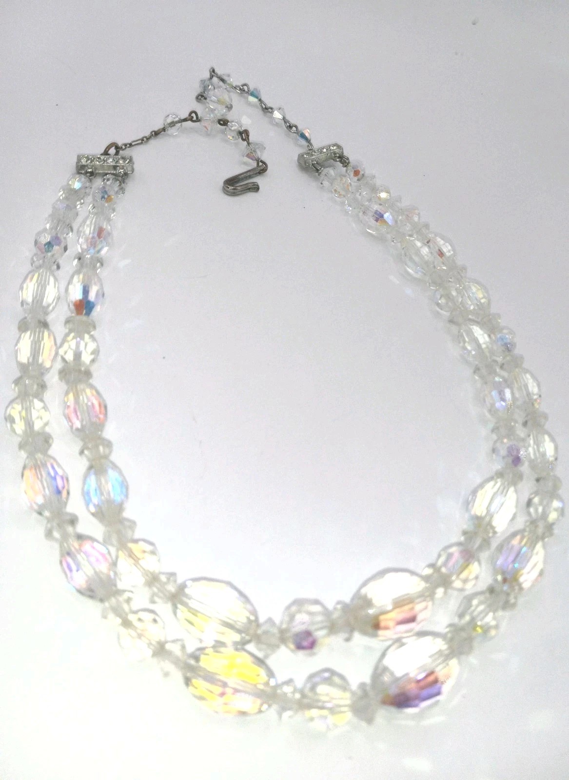 Vtg AB Crystal Specialty Cut Necklace 12″ + 5″ Extension. Silver tone
