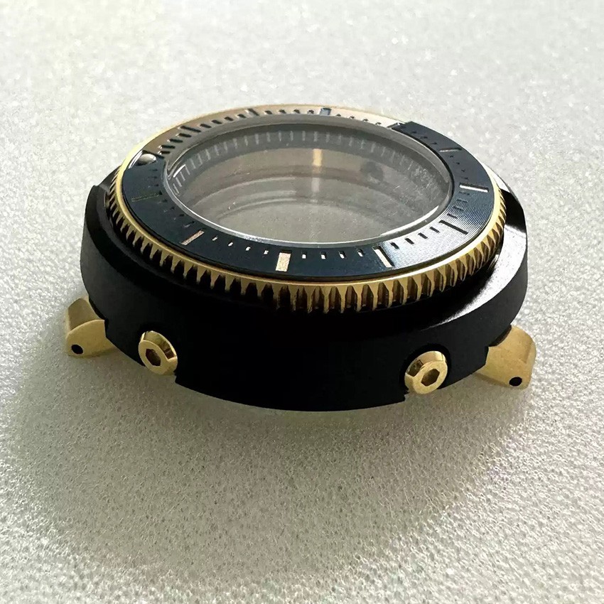 45mm Black Gold Steel Watch Case Mineral Glass for NH35/4R36 Automatic Movement
