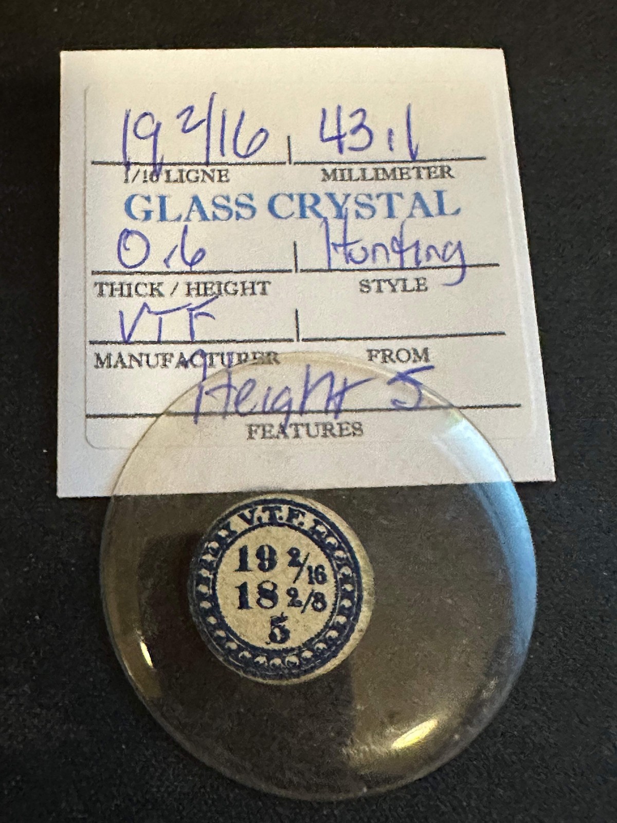 VTF Vintage Glass Hunting Case Watch Crystal 19-2/16 (~43.1mm) – NOS