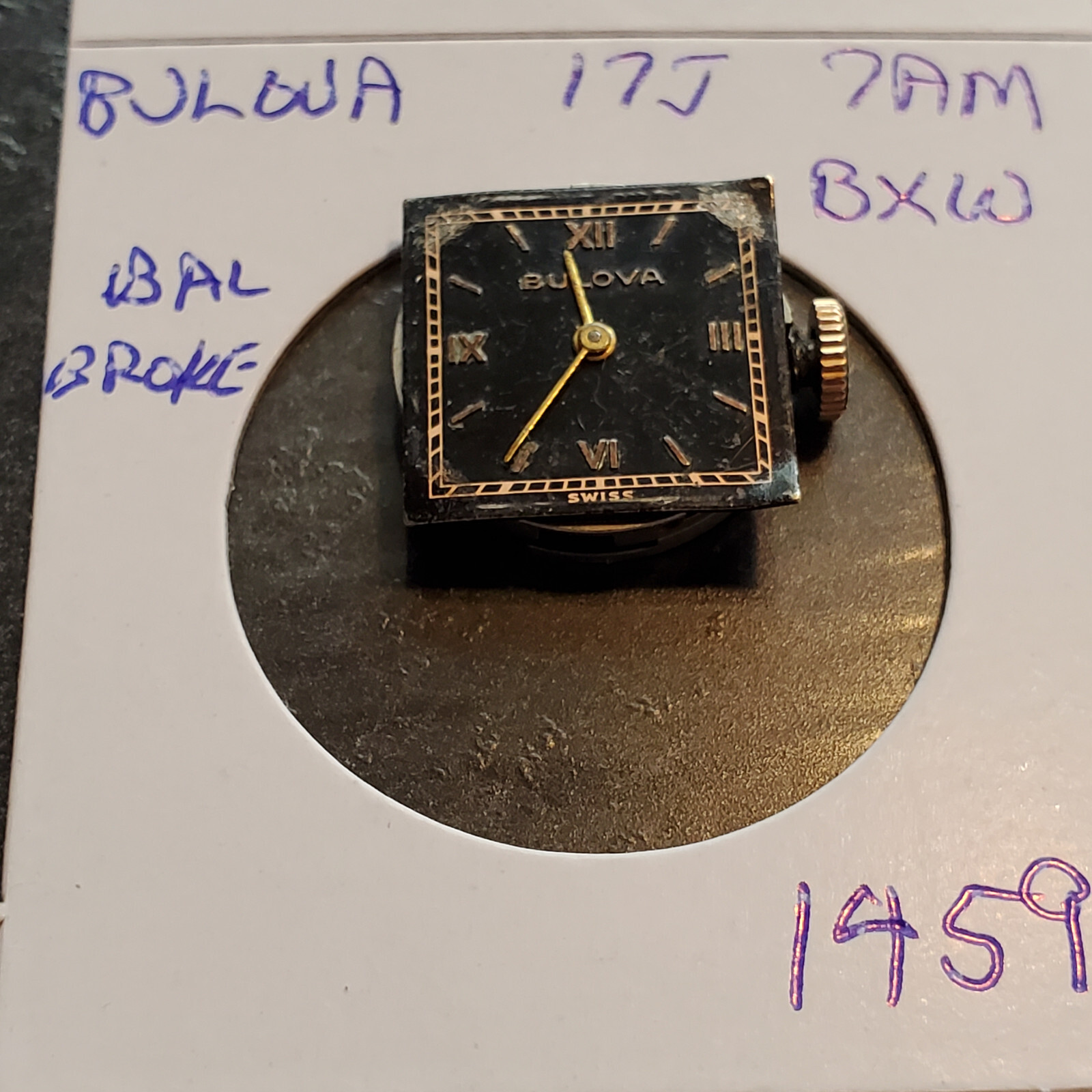LADIES BULOVA 17J 7AM BXW WRIST WATCH MOVEMENT #1459