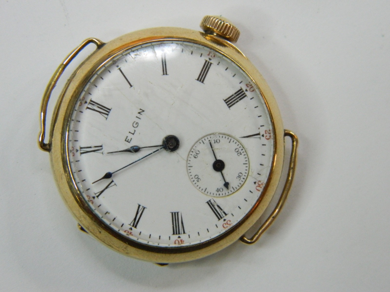 1908 PRE-WW1 ELGIN 0S 10K GOLD FILLED WIRE LUGS TRENCH WATCH – FINE CASE -REPAIR