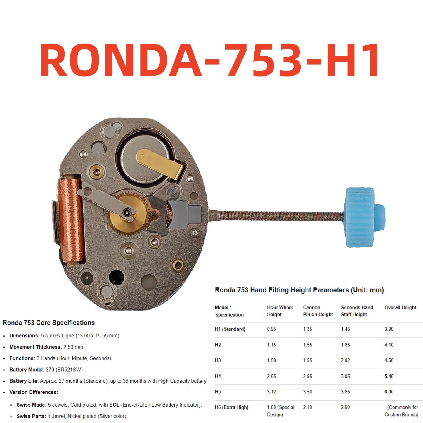 Genuine Ronda Quartz Watch Movement 751 753 756 – Choose Model & Hand Height