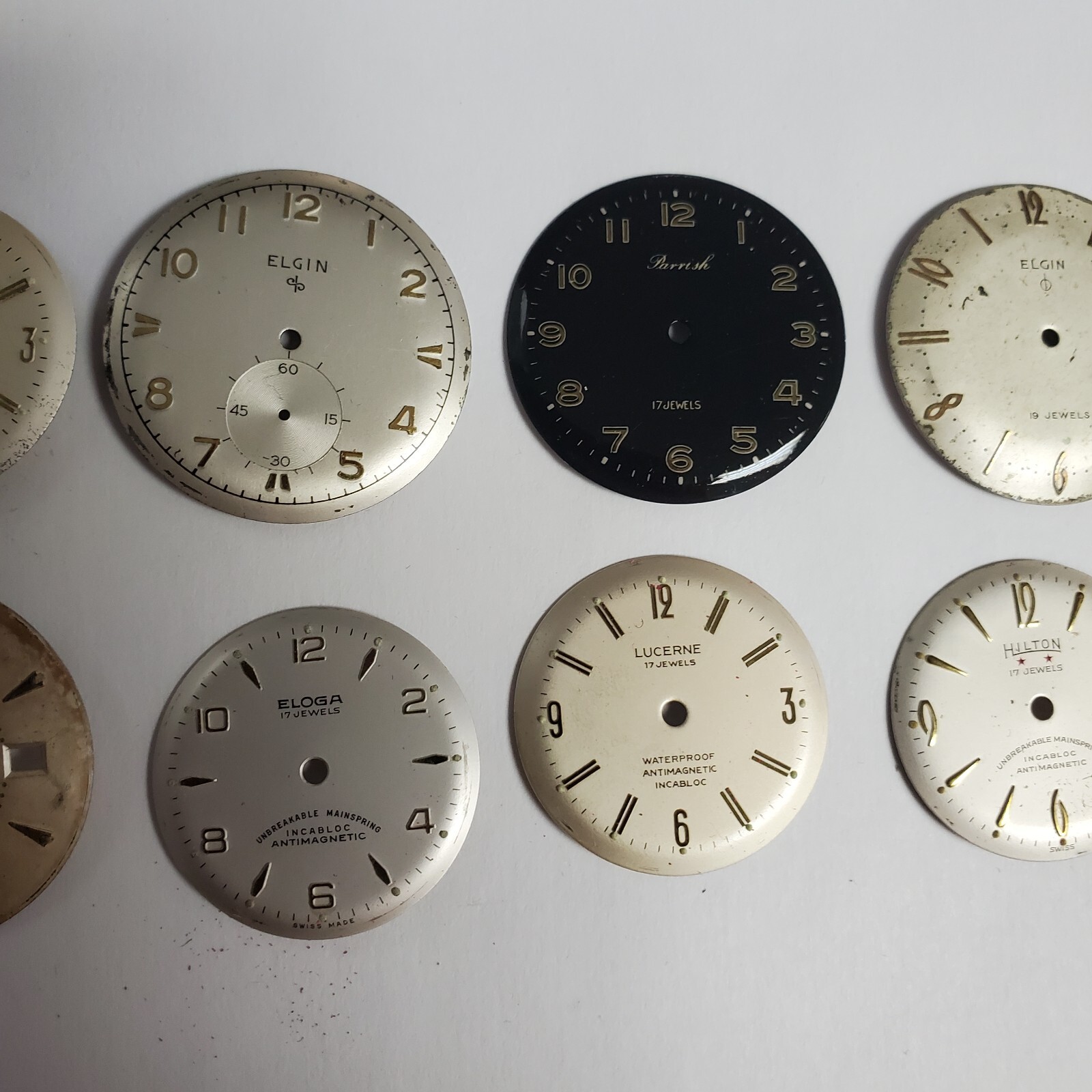 LOT OF 10+ USED/NEW WRIST WATCH DIALS LUCERNE,ELOGA,HILTON,ELGIN,PARIS