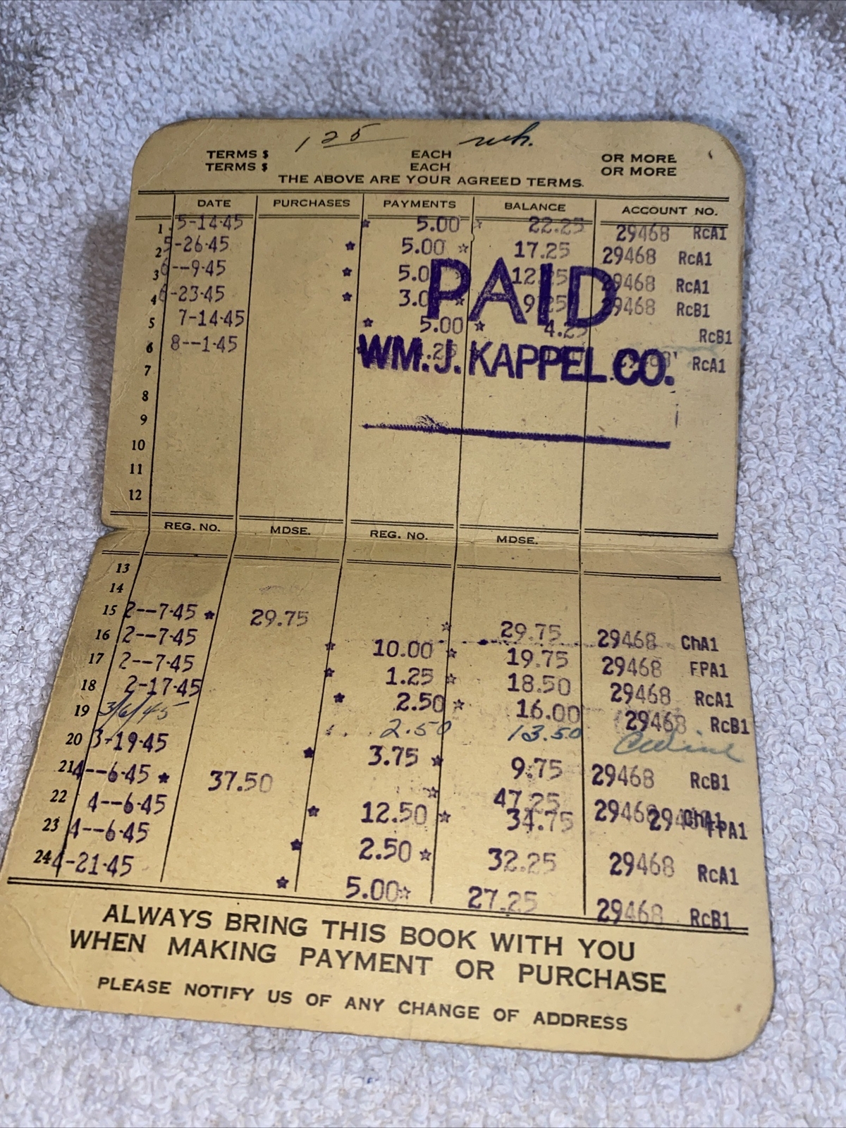 WM. J. KAPPEL Co. 1945 Payment Booklet