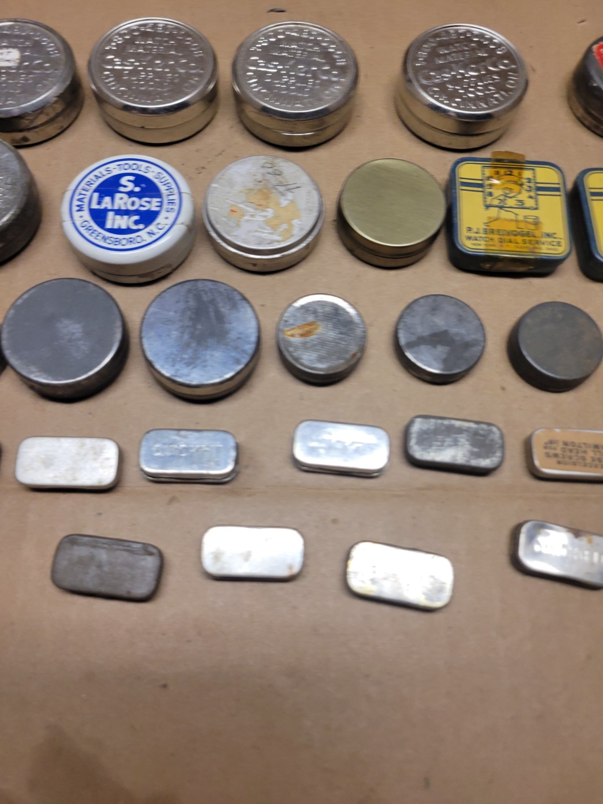28 Watchmaker Tins for Parts or Movements Complete with Lids Signed Wide LT5