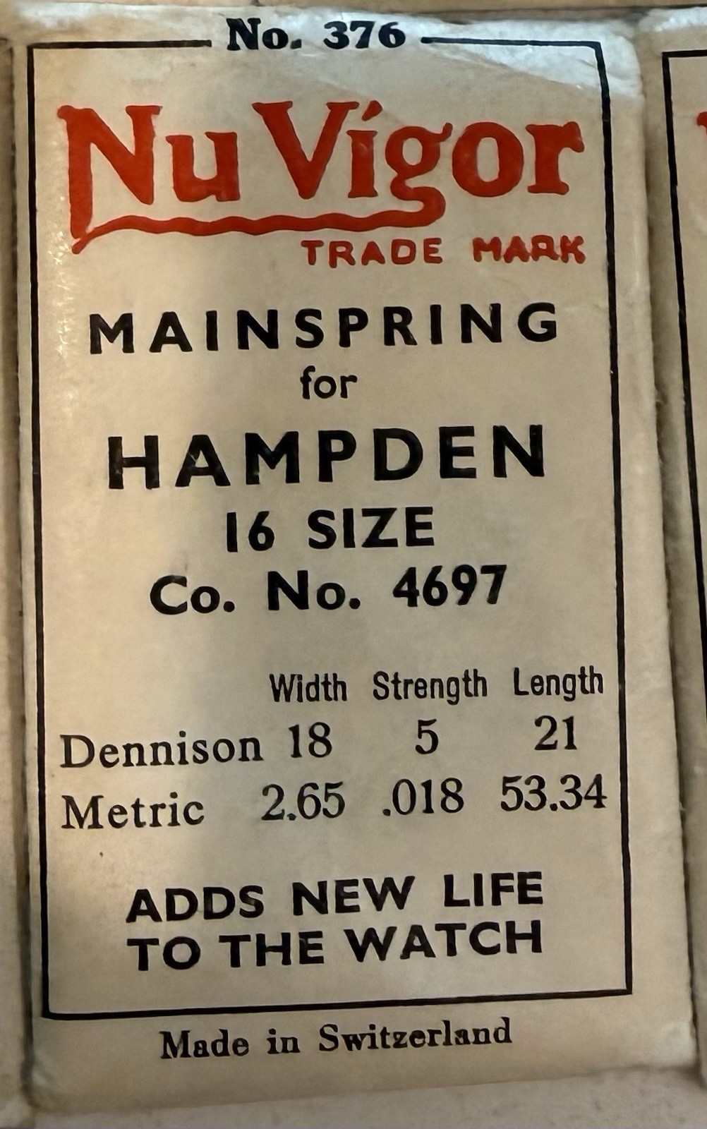 Hampden mainspring NOS 16 Size Co. No.4697 MPN 376 (3 total)