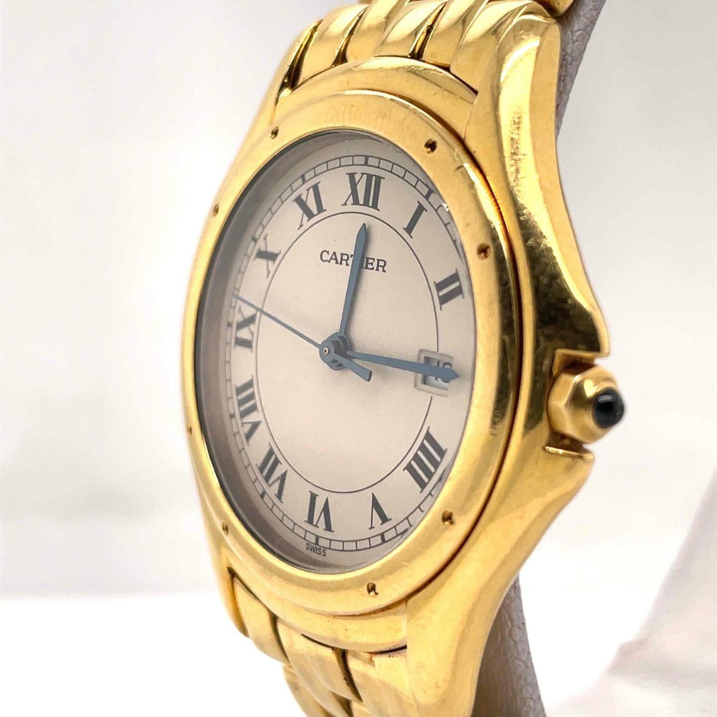 Cartier Cougar Quartz 32mm 18k Yellow Gold Silver Roman Dial Ladies Watch 887904