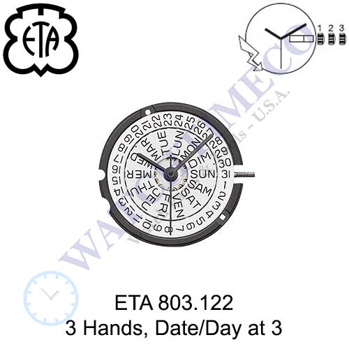 Genuine ETA 803.122 Watch Movement Swiss 3 Hands, Date/Day at 3