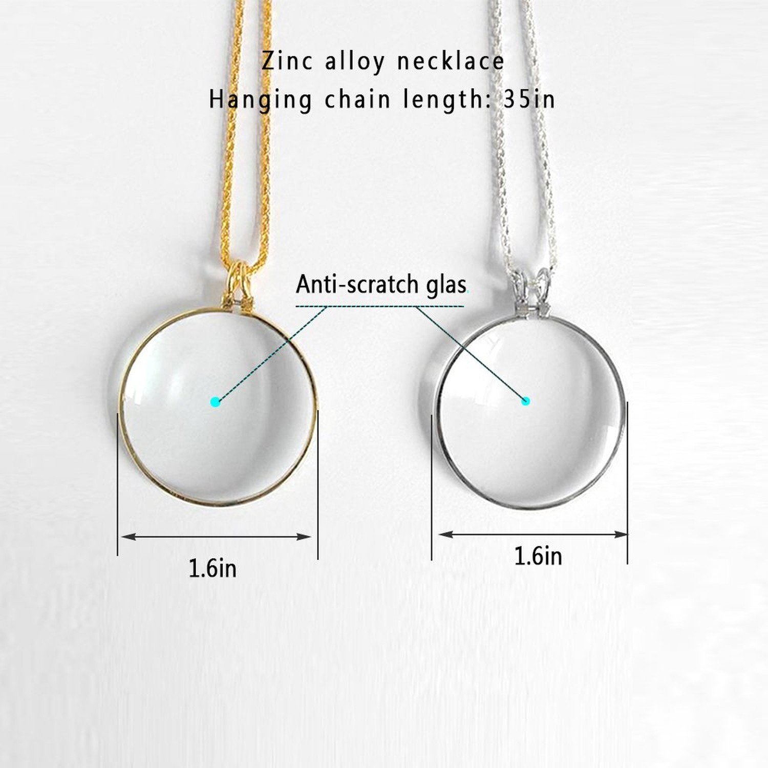 5X Magnifying Glass Pendant 1.6″ Glass Lens Dia. and 35″ Alloy Necklace (Gold…