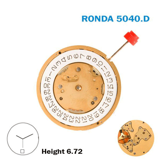 Ronda 5040.D Swiss Made Movement, 3Hands , Chronograph, 13 jewels, Gold Plated.