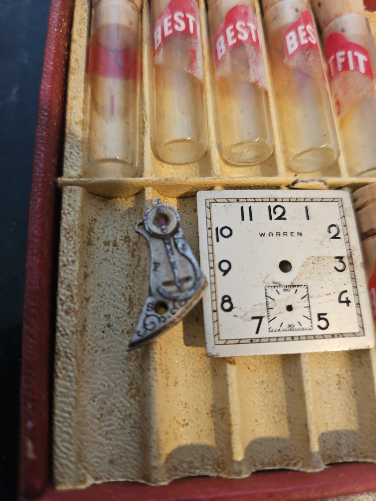 Box few empty Vials Seitz Balance Jewels Warren Face Plate + 2 random Watch Part