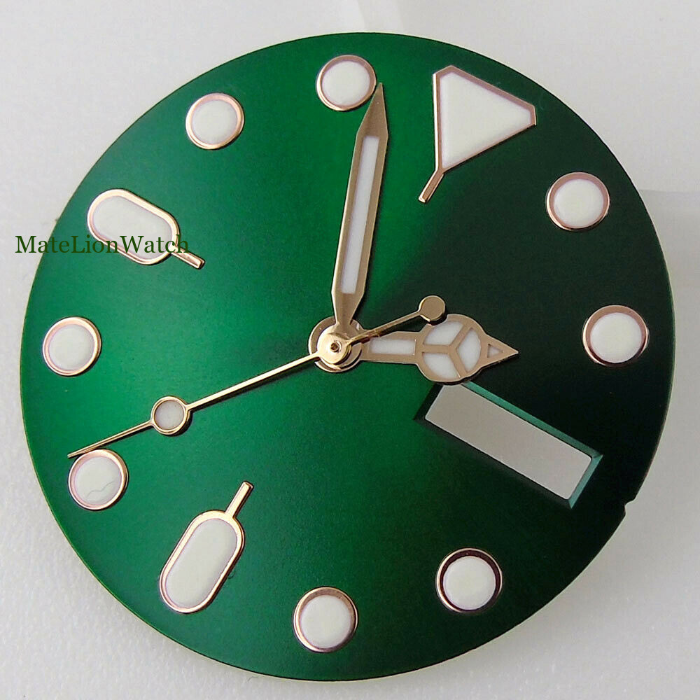 28.5mm Watch Dial+Hands Dual Calendar For NH36/NH36A Green Lume 3.8 &3 o’clock