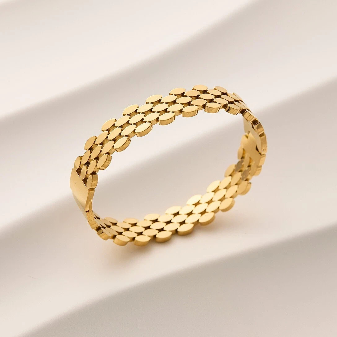 10Mm Wide Woman 18K Gold Plated Stainless Steel Beehive Bracelet Bangle