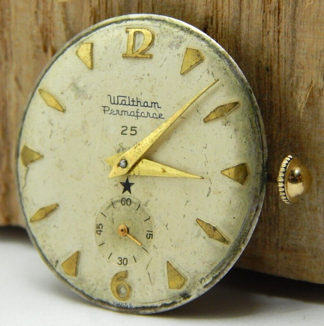 Vintage Waltham Premier 25 jewel men’s wrist watch movement with hands and crown