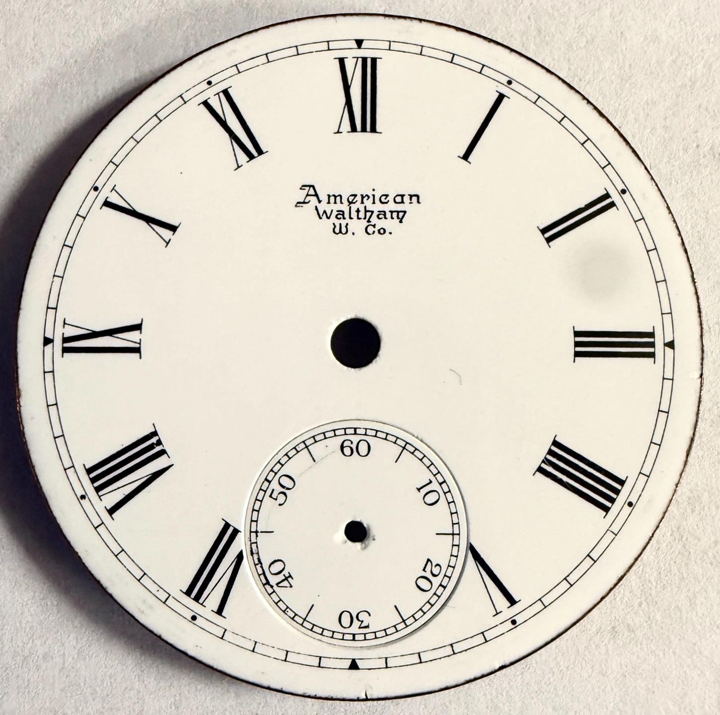 ANTIQUE 18 SIZE WALTHAM PORCELAIN ENAMEL POCKET WATCH DIAL FOR PARTS 45.88mm