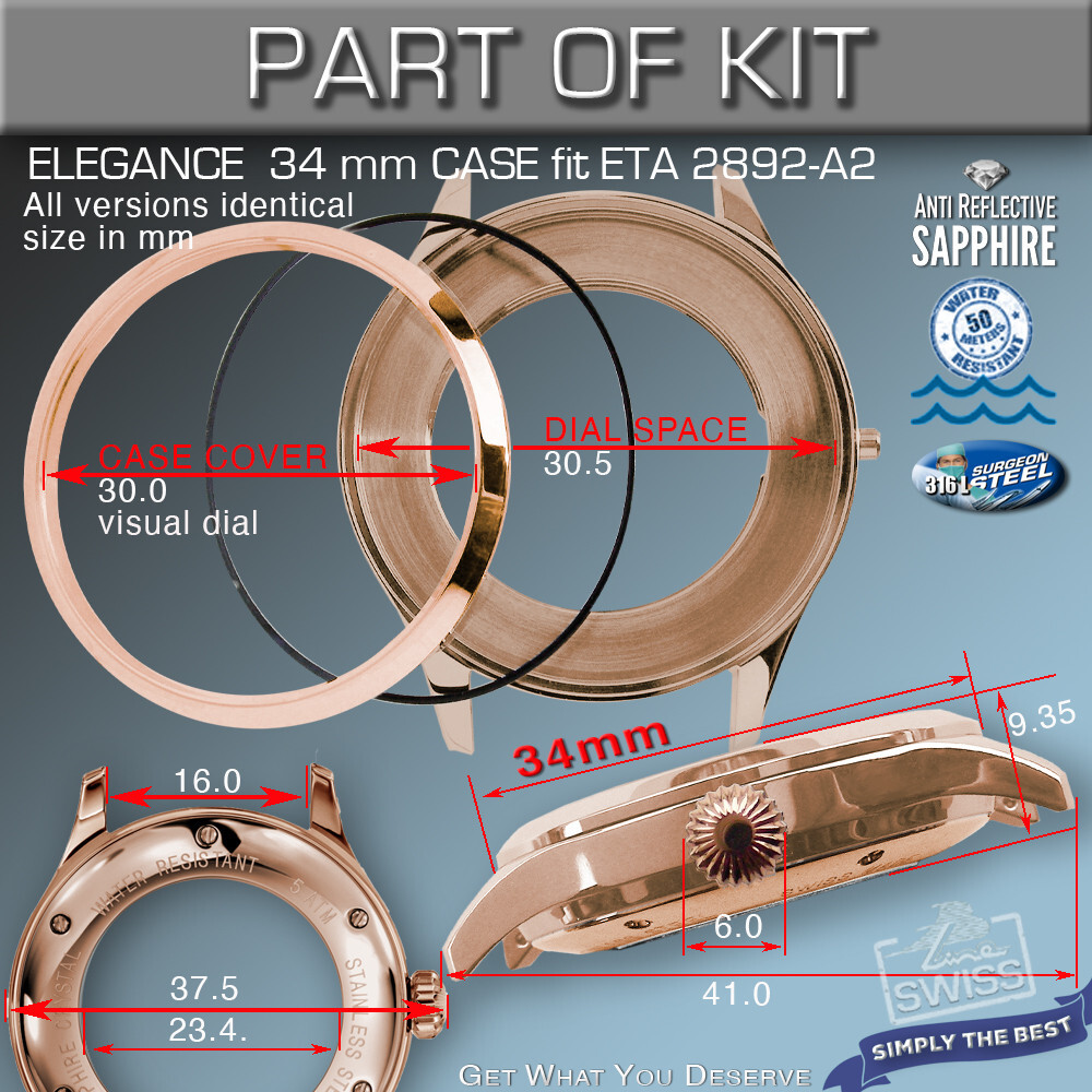 DO IT YOURSELF KIT 3: ELEGANCE CASE 34MM, DIAL, HANDS, fit ETA 2892-A2, SW300