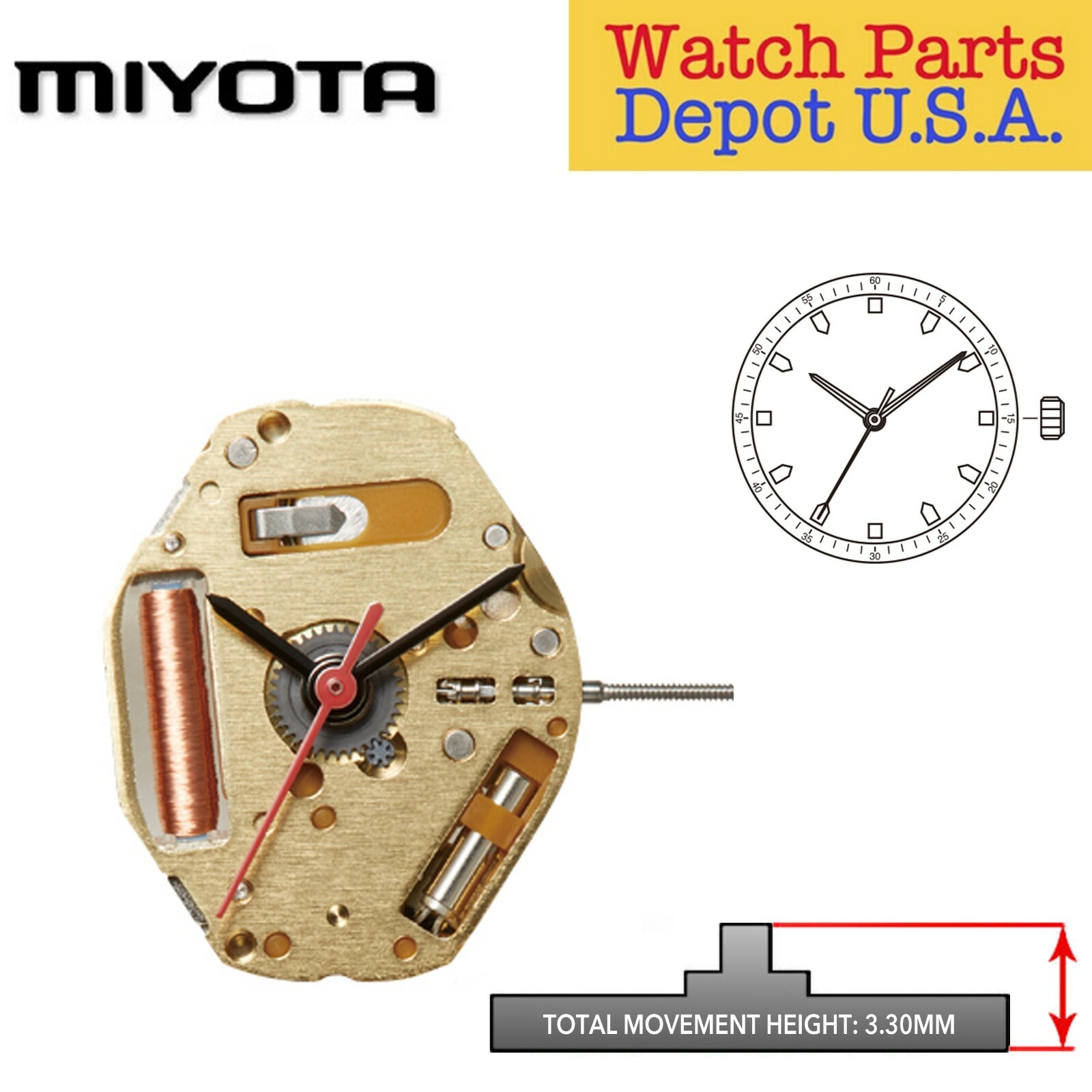 Original Miyota 9T33 Japan Quartz Movement, 3 Hands NEW!