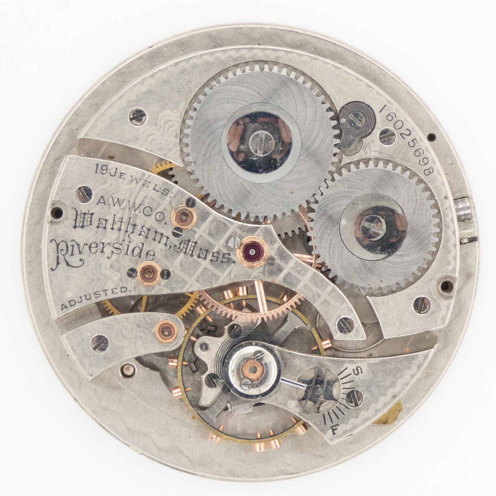 Waltham Riverside Colonial 14-Size 19-Jewel Antique Pocket Watch Movement, Runs