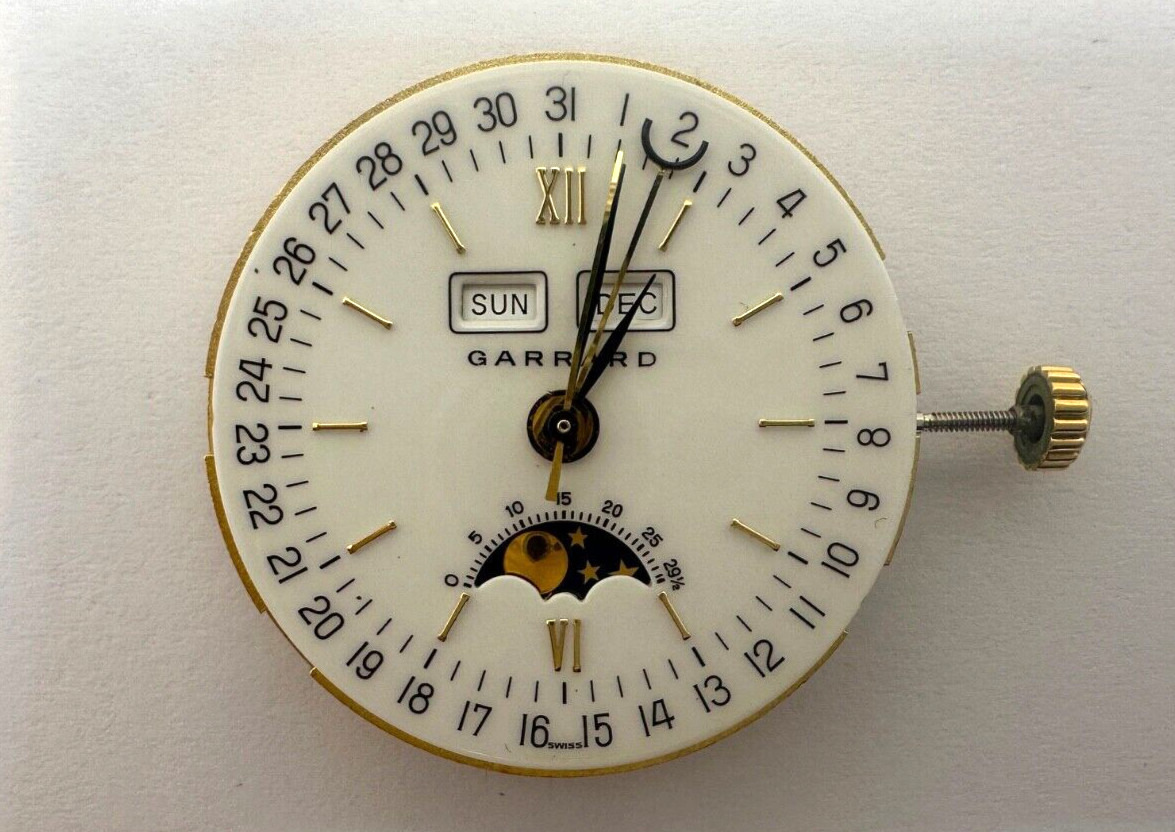 ORIGINAL GARRARD ETA 2892-A2 Movement Moonphase and Day-Date-Month Dial & Crown