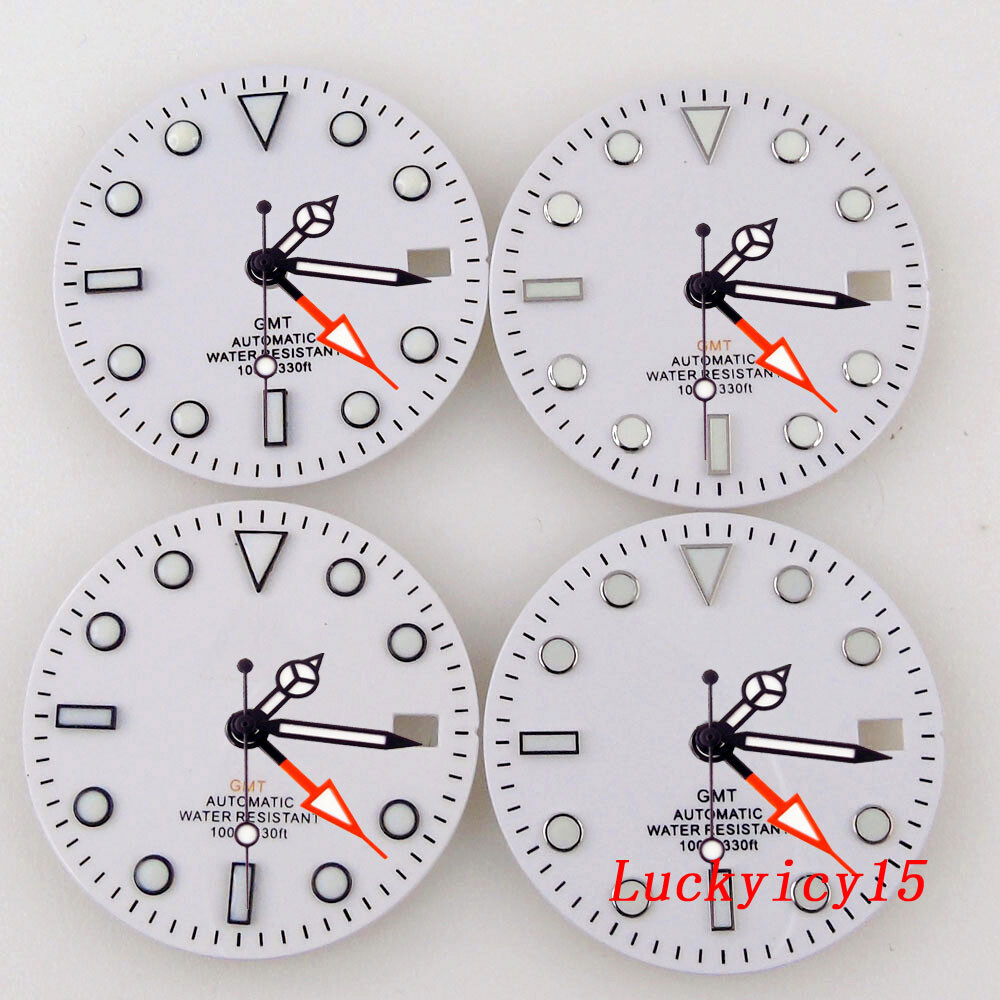 29MM Green Luminous White Watch Dial Fit NH34 NH34A GMT Automatic Mens watch