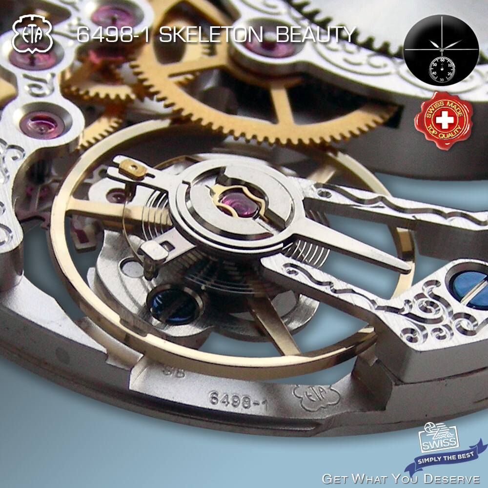 MOVEMENT ETA UNITAS 6498-1, TRADITIONAL SKELETON BEAUTY, RHODIUM, SWISS