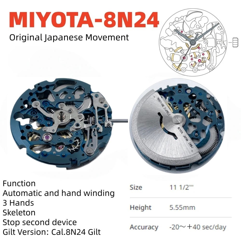 Miyota 8N24 Modified Skeleton Automatic Movement 21 Jewel Mechanical Watch Part