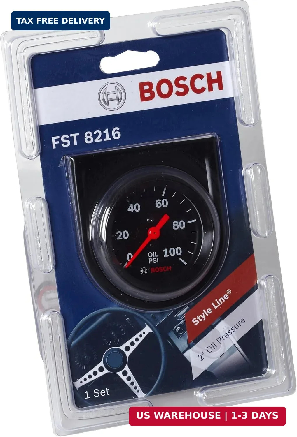 BOSCH SP0F000052 Style Line 2″ Mechanical Oil Pressure Gauge (Black Dial Face, B