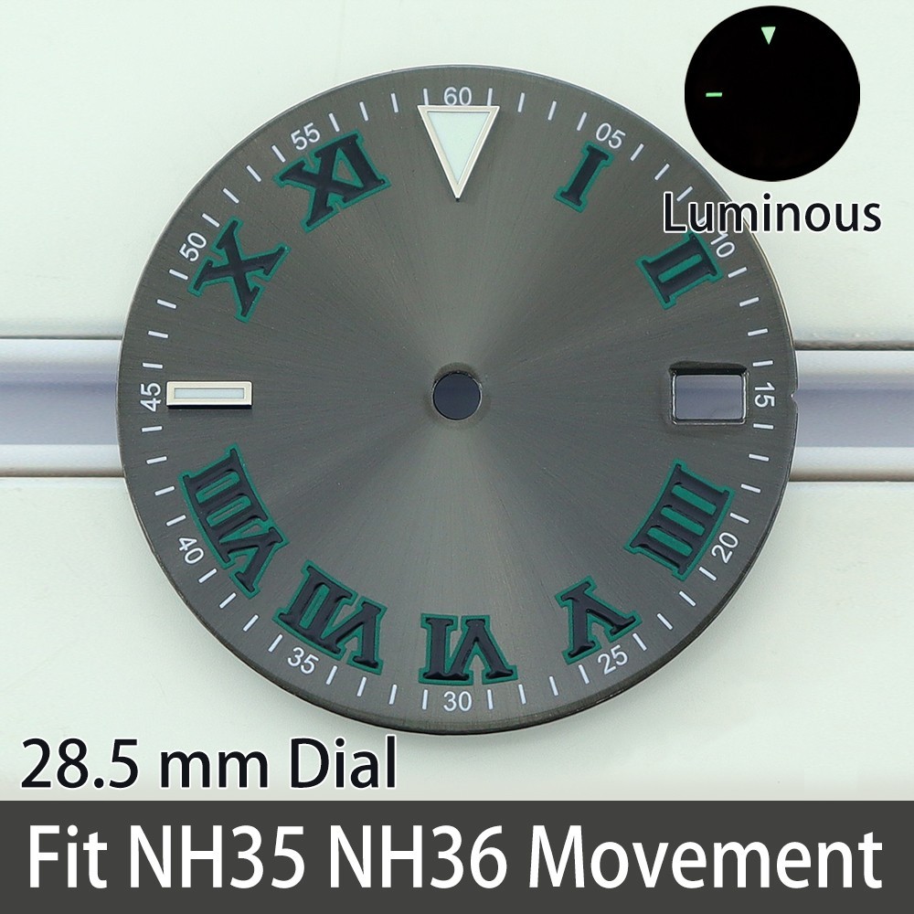 28.5mm Fashion Roman Numeral Watch Dials Kit C3 Luminous For Seiko NH35 Movement