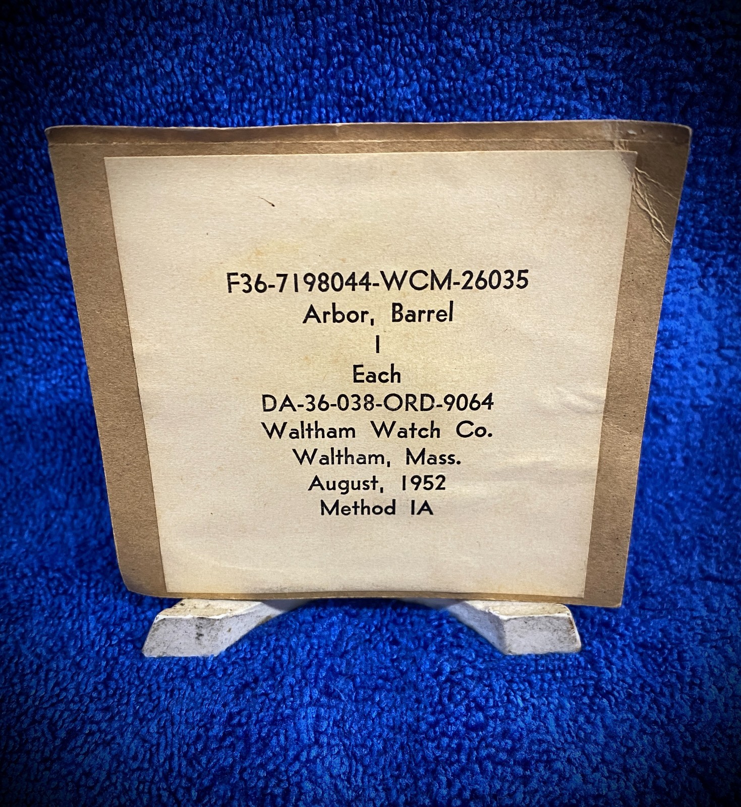 Waltham WWII Military Ordnance Barrel Arbor (DA-36-038-ORD-9064) 1952