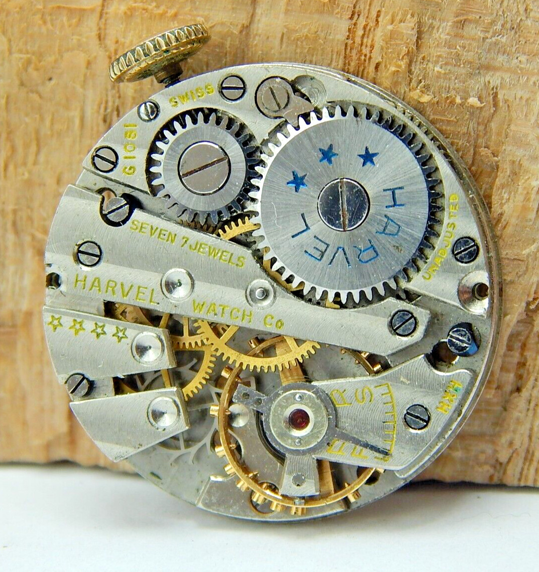 Vintage Harvel G1081 7 jewel men’s wrist watch movement good balance with crown