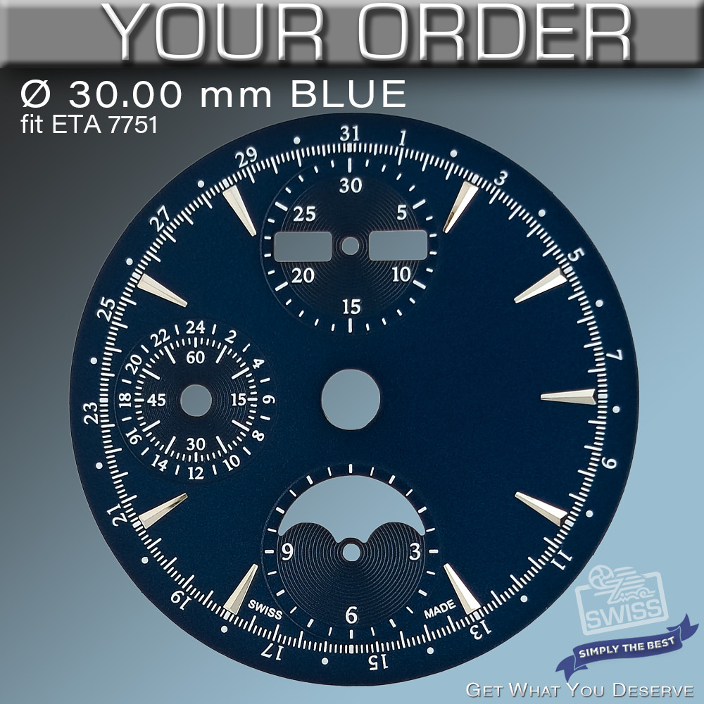 DIAL FIT MOVEMENT ETA VALJOUX 7751, Ø 30.0 mm, BLUE WITH DAY DATE & MOONPHASE