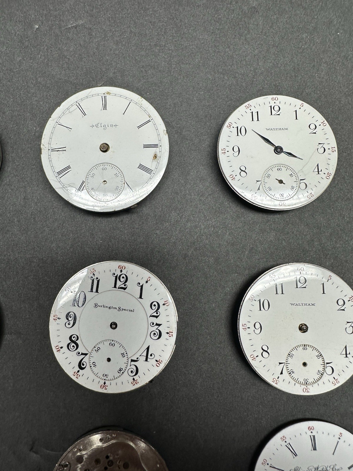 Lot of 11 Pocket Watch Movements Illinois Burlington Waltham Elgin + 2 Dials
