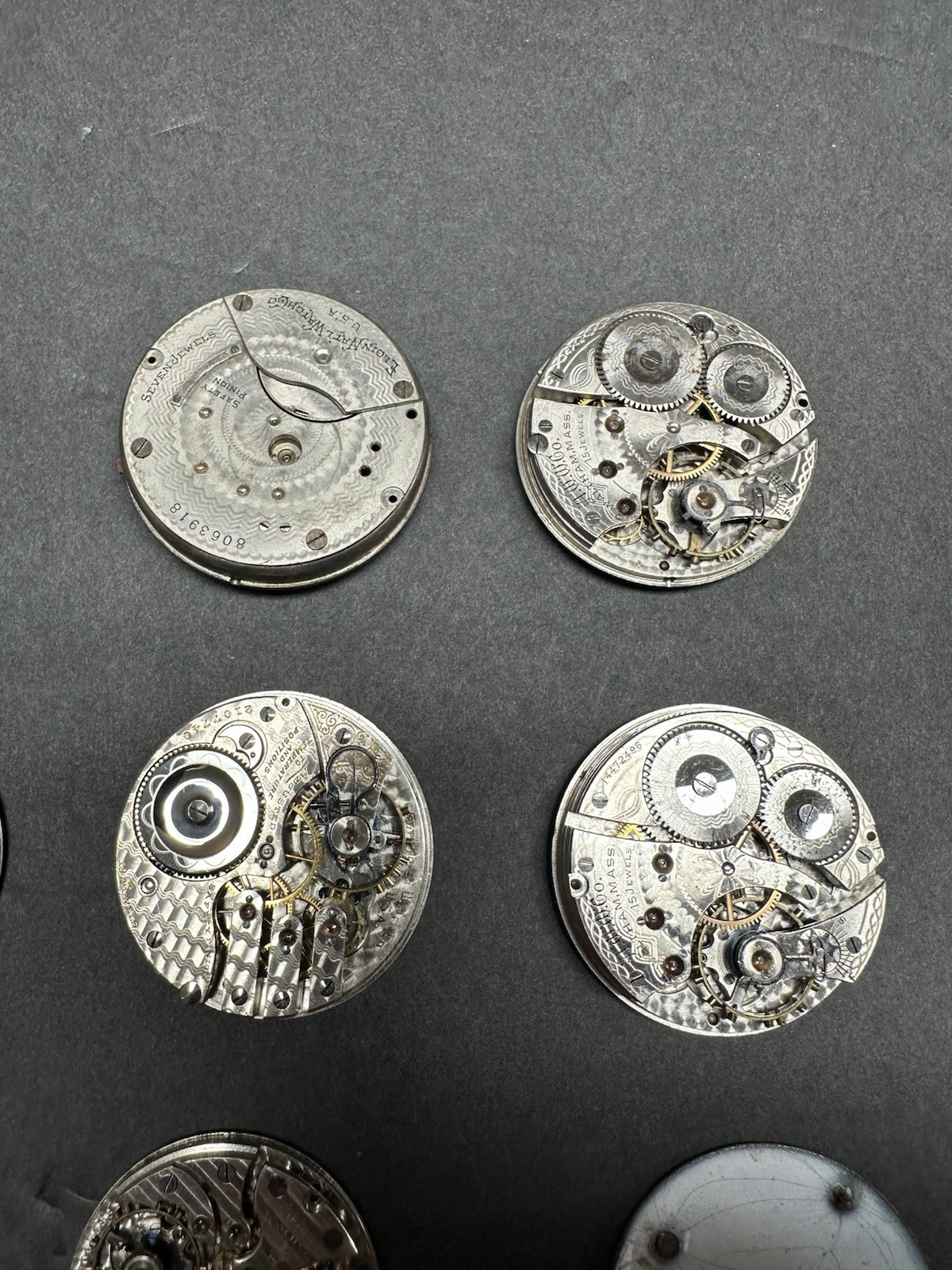 Lot of 11 Pocket Watch Movements Illinois Burlington Waltham Elgin + 2 Dials