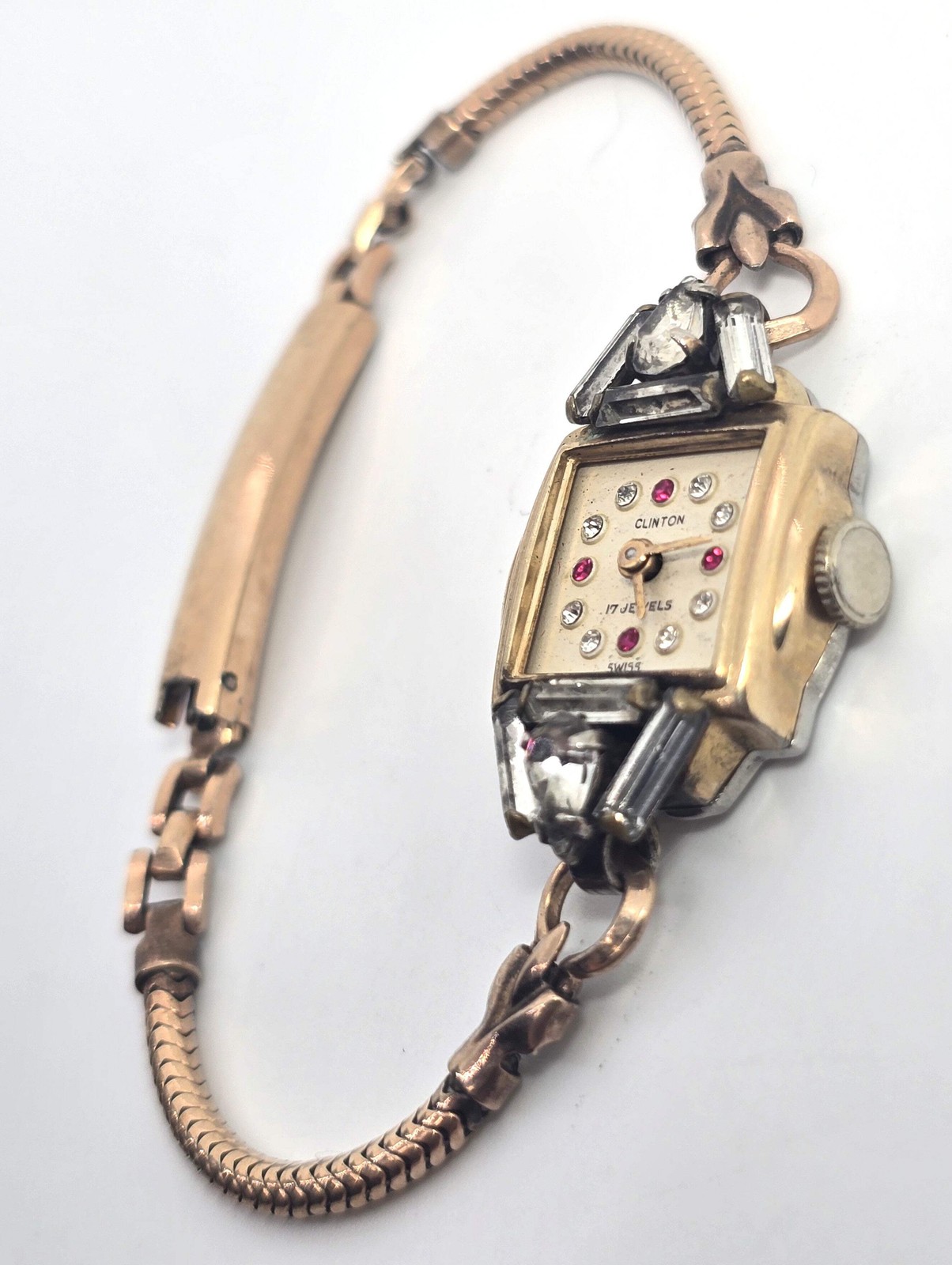 Art Deco Clinton gold filled wind up 17 jewel watch missing crystal face PARTS