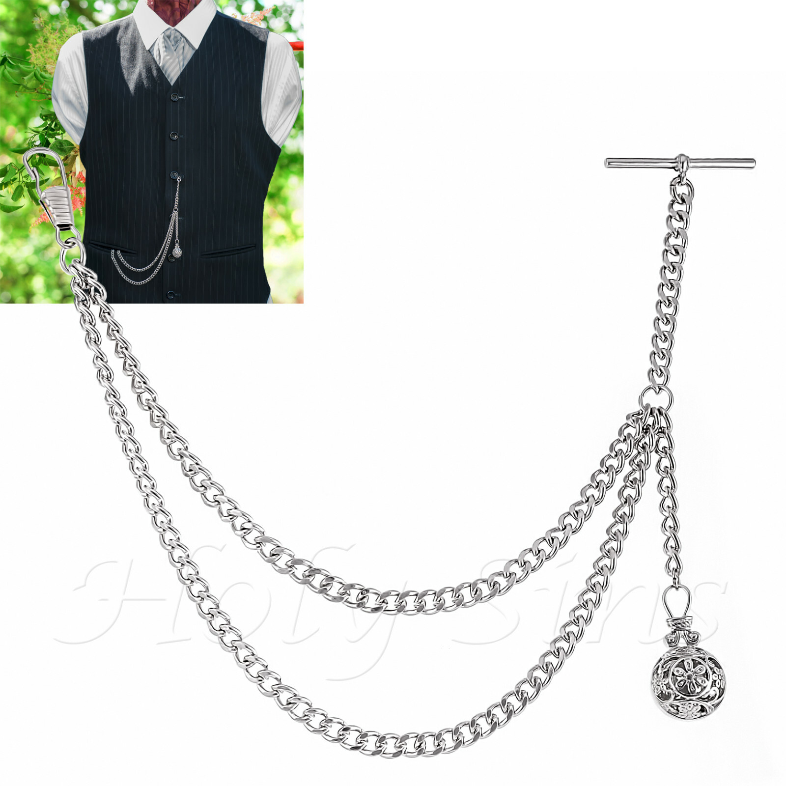 Brand New Silver Colour Single Albert Pocket Watch Chain With Pendant 143
