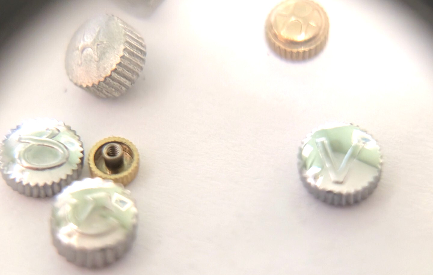 Vintage Lot of 9 Signed Watch Crowns Parts Hamilton Bulova Venus GUCCI Camy fire