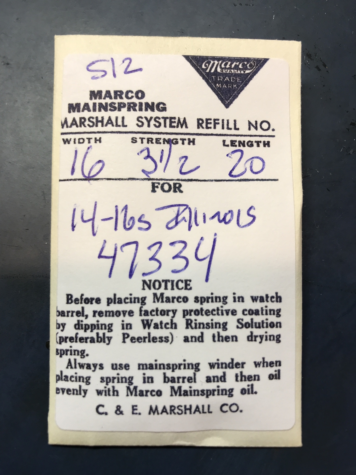 Marco Mainspring #512 for 14s & 16s Illinois Factory No. 47334 – Steel