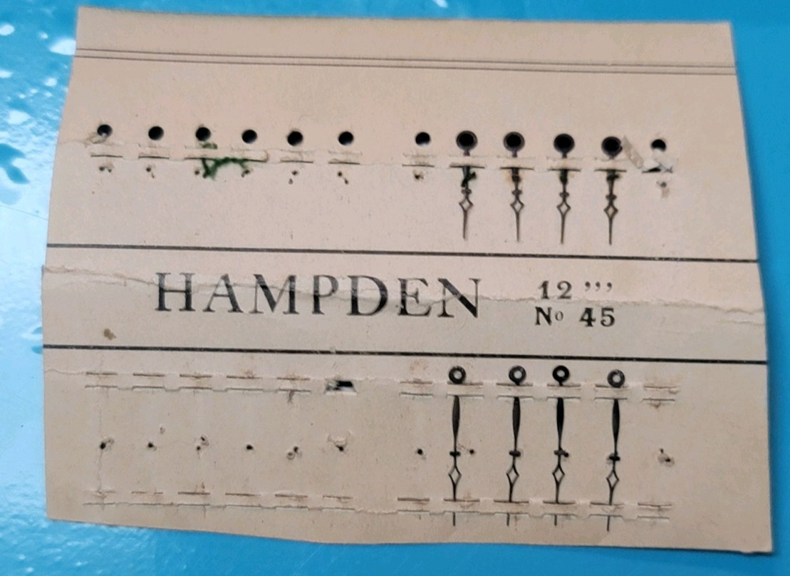 SB1-H1: Set Hampden Pocket Watch Hands – 12s No. 45 NOS Spade Style – Blue