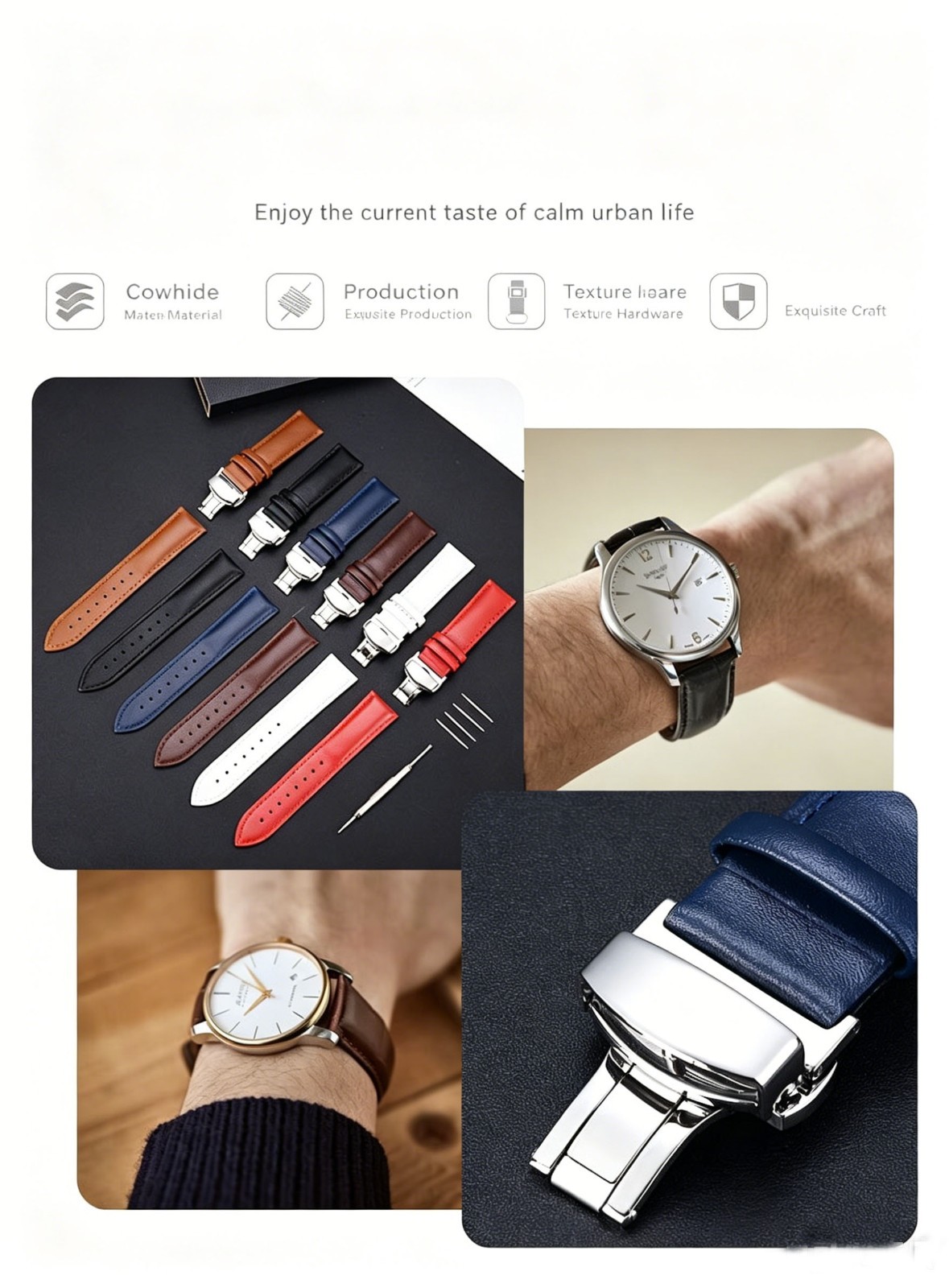 14mm-24mm Genuine Leather Watch Strap Butterfly Buckle Unisex Two Layer