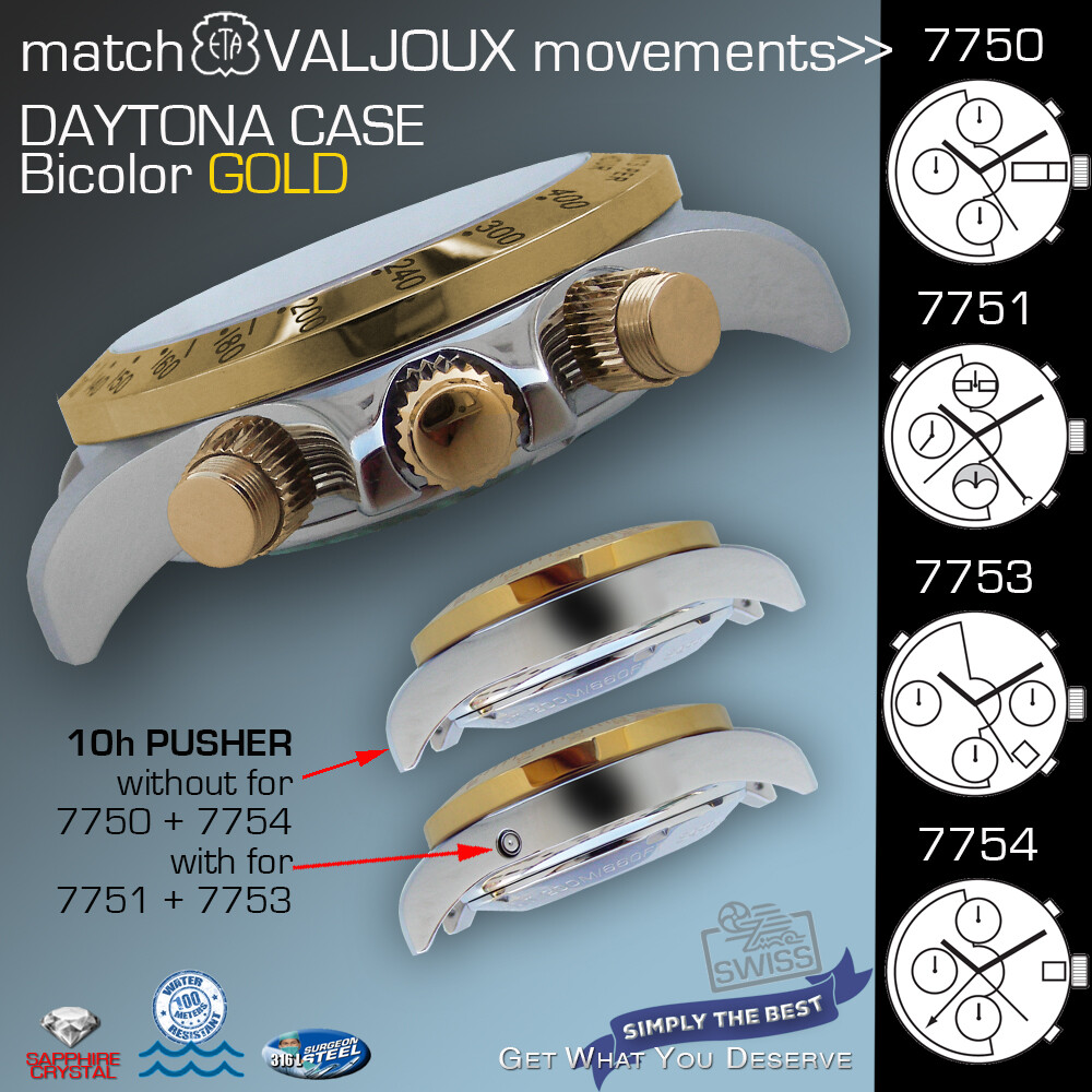 WATCH CASE DAYTONA,TACHYMETER, ETA VALJOUX 7750,7751, 7753,7754 BICOLOR: GOLD