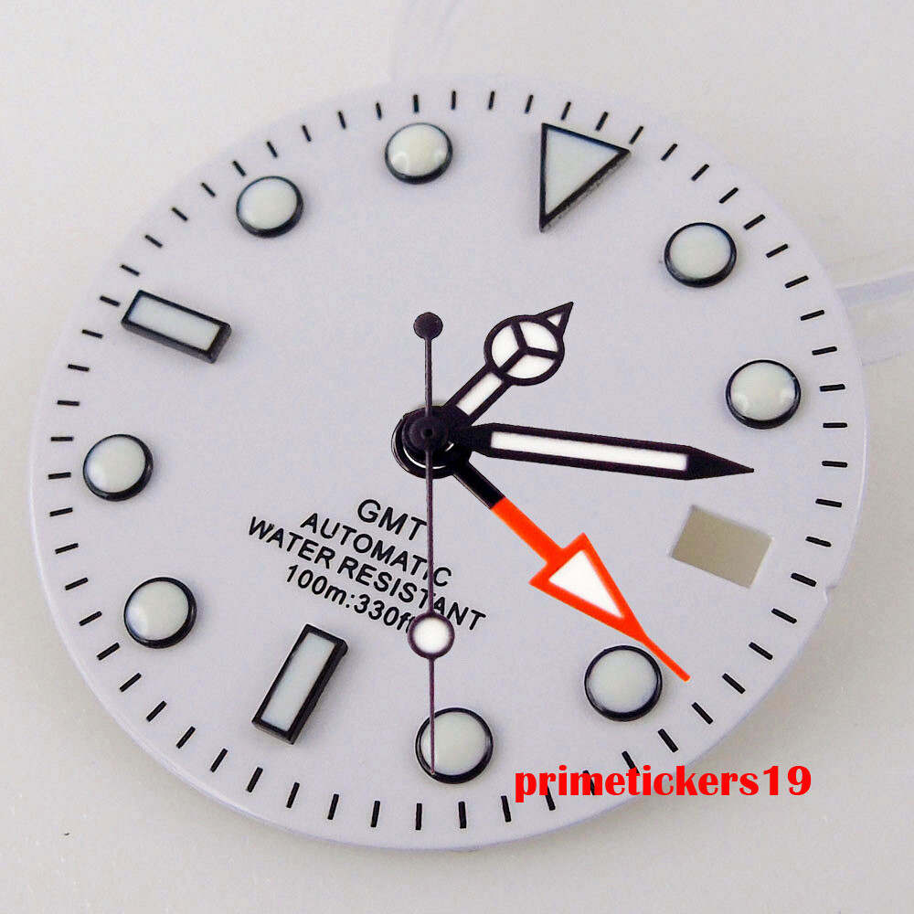 29mm White Watch Dial Date Black Orange Hands Luminous Fit NH34 GMT Movement
