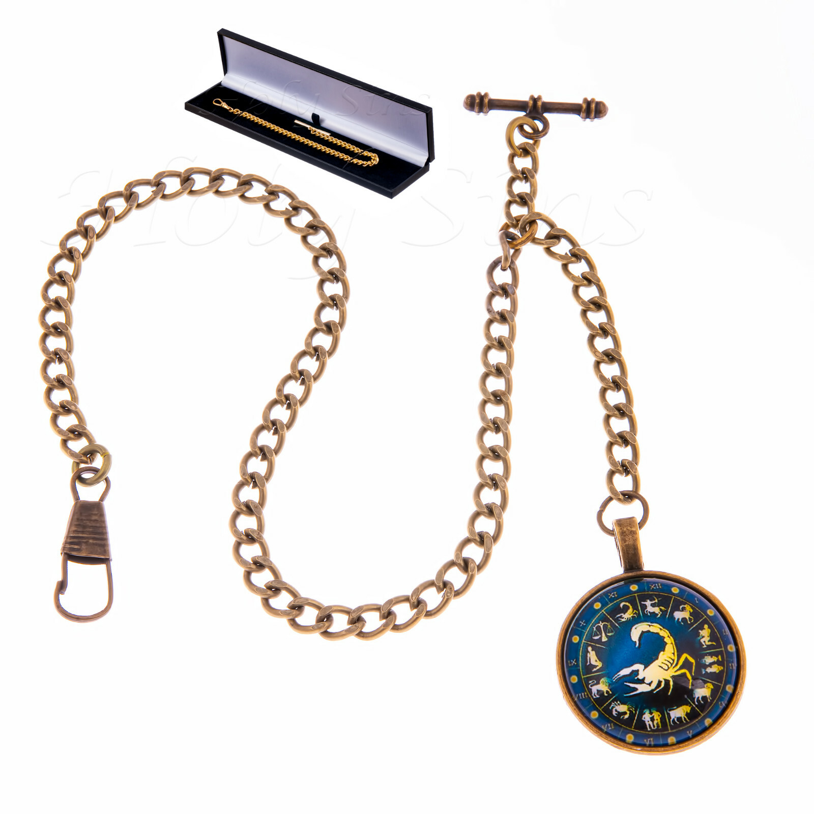 10 inch Bronze Colour Single Albert Pocket Watch Chain With Zodiac Sign Pendant