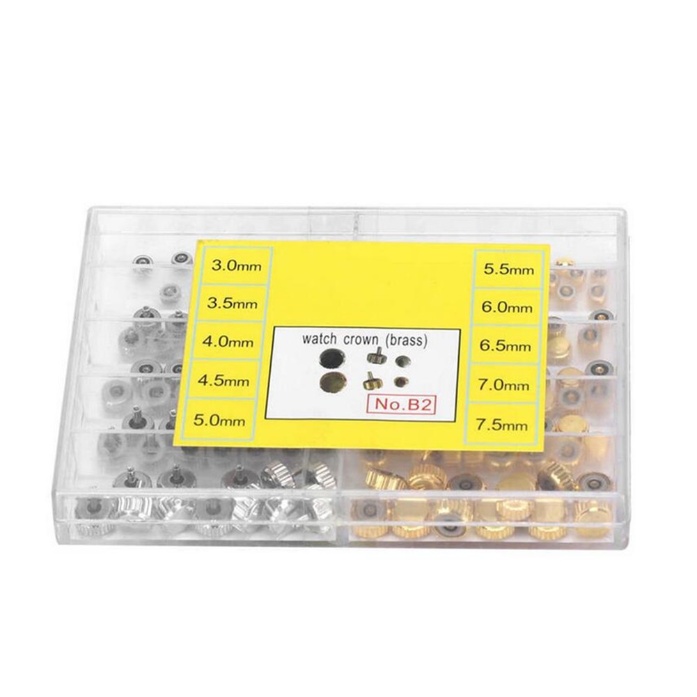 100Pcs Brass Watch Crown Watchmaker Repair Spare Parts Silver&Gold Heads Box B
